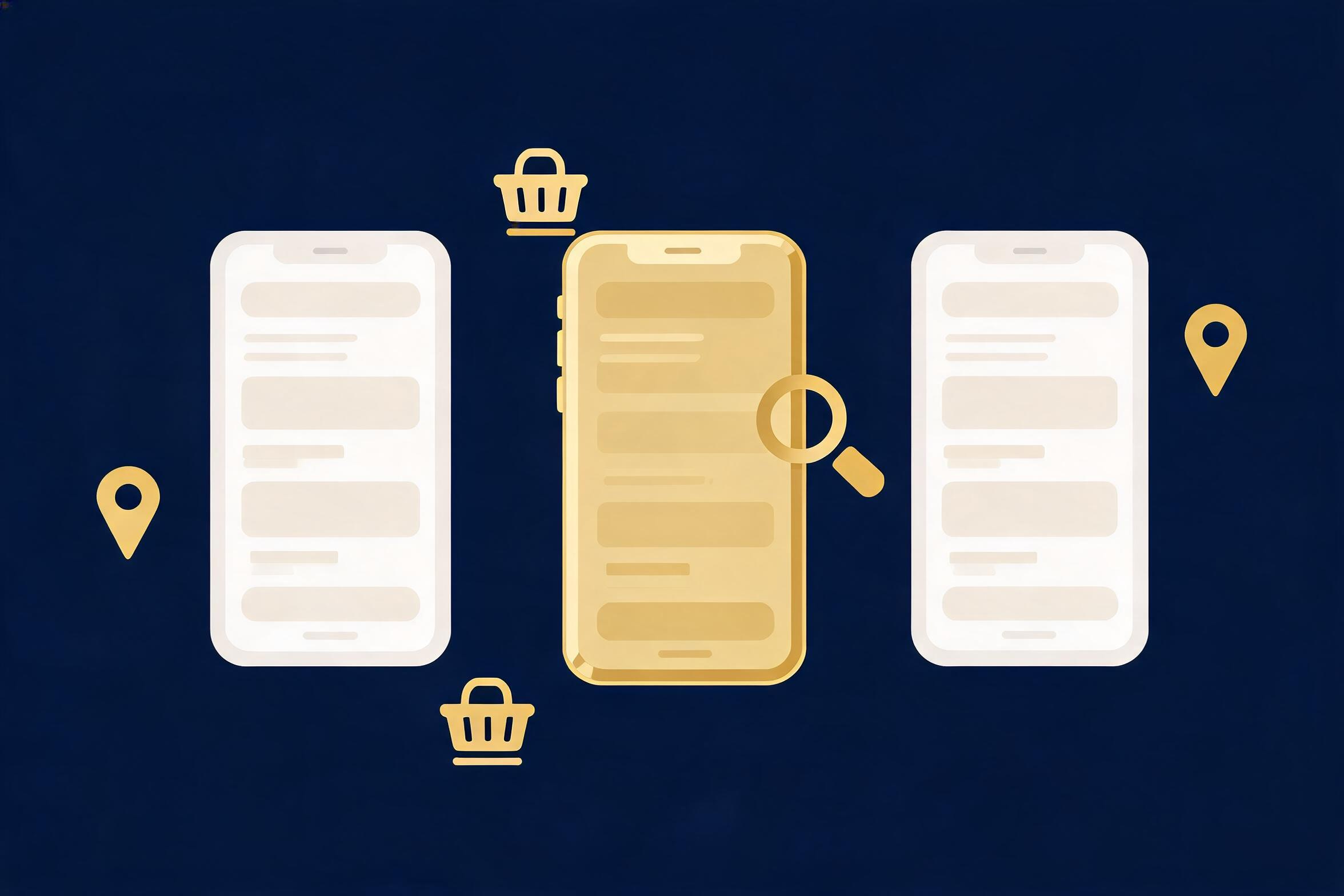 Three phones showing search results, with the winning result highlighted in gold