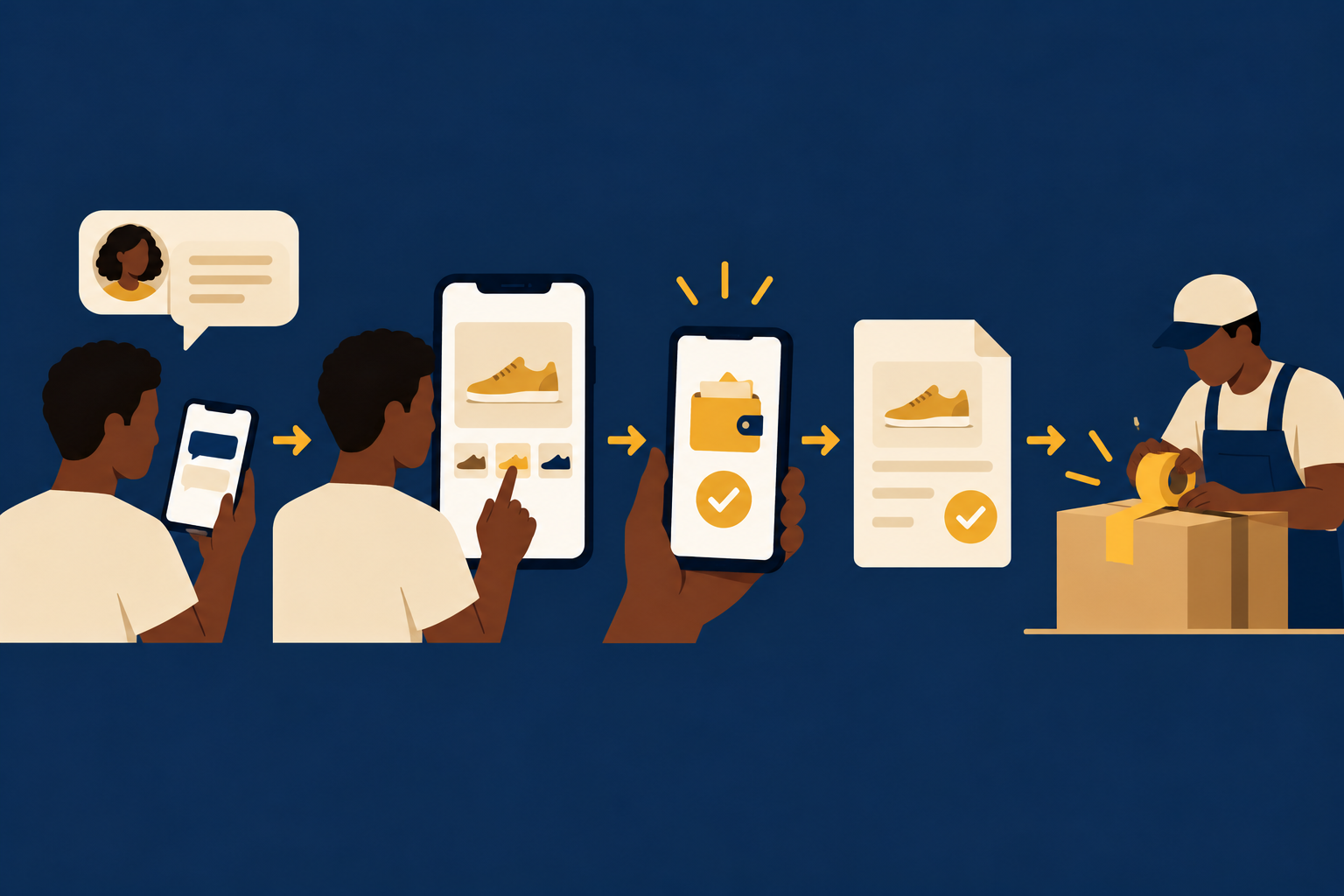 An order moves from customer chat through payment to delivery